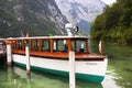 Konigssee Lake, German - May 29, 2018: The boat moored at pier on mountain lake in the Alps on Konigssee Lake