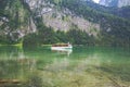 Konigssee Lake, German - May 29, 2018: Boat sailing on the mountain lake in the Alps on Konigssee Lake