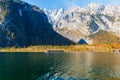 Konigssee lake Konigsee in foggy weather the background Watzmann mountains , near the German Austrian border, Berchtesgaden Royalty Free Stock Photo