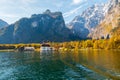 Konigssee lake Konigsee in foggy weather, St. Bartholoma church the background Watzmann mountains , near the German Austrian Royalty Free Stock Photo