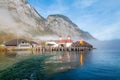 Konigssee lake Konigsee in foggy weather, St. Bartholoma church the background Watzmann mountains , near the German Austrian Royalty Free Stock Photo