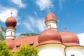 Konigssee lake with st Bartholomew church dome, Berchtesgaden National Park, Bavaria, Germany Royalty Free Stock Photo