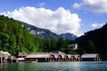 Wooden boat houses on the shore of Konigssee Lake.