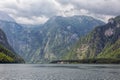 Konigssee near German Berchtesgaden surrounded with vertical mountains Royalty Free Stock Photo