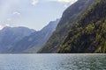 Konigssee near German Berchtesgaden surrounded with vertical mountains Royalty Free Stock Photo