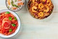 Konjac pasta and rice. An assortment of shirataki dishes, overhead flat lay shot