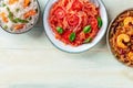 Konjac pasta and rice. An assortment of shirataki dishes, overhead flat lay shot