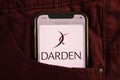 KONSKIE, POLAND - August 17, 2021: Darden Restaurants Inc logo on mobile phone hidden in jeans pocket