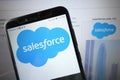 KONSKIE, POLAND - August 18, 2019: Salesforce company logo on mobile phone