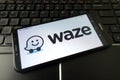 KONSKIE, POLAND - December 21, 2019: Waze GPS navigation software logo on mobile phone