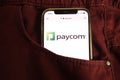 KONSKIE, POLAND - July 22, 2021: Paycom logo on mobile phone Royalty Free Stock Photo