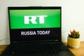 KONSKIE, POLAND - July 02, 2022: Russian television Russia Today RT logo displayed on laptop computer