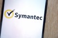 Symantec logo displayed on a modern smartphone