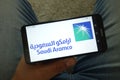 KONSKIE, POLAND - June 29, 2019: Saudi Aramco logo on mobile phone
