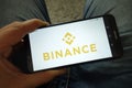 Man holding smartphone with Binance cryptocurrency exchange logo Royalty Free Stock Photo