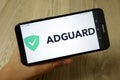 KONSKIE, POLAND - November 19, 2019: AdGuard software logo on mobile phone