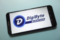 DigiByte DGB cryptocurrency logo displayed on smartphone