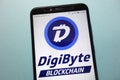 DigiByte DGB cryptocurrency logo displayed on smartphone