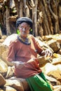 Close up portrait of Authentic African Konso Old Woman with Black Turban and necklace in the Local Tribal Village Royalty Free Stock Photo