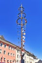 Konstanz, Germany - July 2020: Maypole with wreaths and emblems in city street of Konstanz