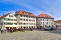 Konstanz, Germany - July 2020: Town square called `MÃÂ¼nsterplatz` with people relaxing in cafes on sunny day Royalty Free Stock Photo