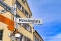 Konstanz, Germany - Road sign saying `MÃÂ¼nsterplatz`, a town square where the minster of Konstanz is located Royalty Free Stock Photo
