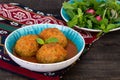 Koofteh Tabrizi Large Meatballs Stuffed With Dried Fruits, Berries And Nuts In Tomato Turmeric Broth A Traditional Azeri And Iran