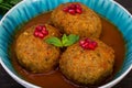 Koofteh Tabrizi Large Meatballs Stuffed With Dried Fruits, Berries And Nuts In Tomato Turmeric Broth A Traditional Azeri And Iran