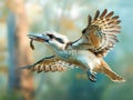 Kookaburra Flying with Caterpillar in Beak Royalty Free Stock Photo