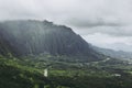 Koolau mountains in fog view from Nuuanu Pali lookout on Oahu