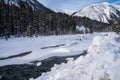 The Kootenay River in Kootenay National Park is covered in snow and ice during winter. Taken near Numa Falls waterfall Royalty Free Stock Photo