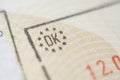 Kopenhagen, Denmark - November 2019: Close-up macro detail of European Union admission stamp