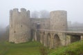 Koporye fortress close-up, morning autumn fog. Leningrad region, Russia