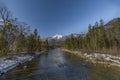 Koppentraum river near bridge with snowy hills and blue water Royalty Free Stock Photo