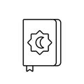Koran. Linear icon of Islamic sacred book. Black simple illustration of muslim religious accessory with Rub El Hizb star, moon,