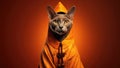 Korat Cat Dressed As A Wizard On Orange Color Background