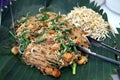 Korat Pad Mee is a local dish from Nakhon Ratchasima, Thailand, looks similar to Pad Thai in the central region on banana leaves,