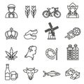 Netherlands symbols and dutch culture icons set. Line Style stock vector.