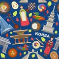 Korea landmarks and symbols vector illustration seamless pattern. Tourists trip invitation advertising to Korea. People