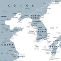 Korean Peninsula region in East Asia, Korea, gray political map