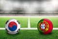 Korea Republic versus Portugal flags on football in Soccer Stadium With Copy Space