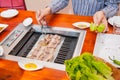 Korea traditional way of eating grilled dish in Korean cuisine. Meat is served raw, then cooked on tabletop grill. Close up. selec