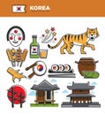 Korea travel famous landmarks and Korean culture traditional tourist attractions vector icons