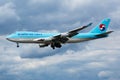 Korean Air Cargo Boeing 747-400 HL7439 cargo plane landing at Frankfurt airport Royalty Free Stock Photo