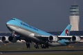 Korean Air Cargo jumbo taking off from runway, close-up view Royalty Free Stock Photo