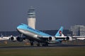 Korean Air Cargo jumbo taking off from runway, close-up view Royalty Free Stock Photo