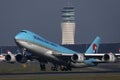 Korean Air Cargo jumbo taking off from runway, close-up view Royalty Free Stock Photo