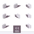 Korean alphabet in isometric style, drawn with white and grey shades and shadows. Vector collection with hangul letters e and ye