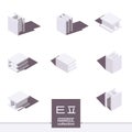 Korean alphabet in isometric style, drawn with white and grey shades and shadows. Vector collection with hangul letters T and P