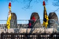 A Korean ancient soldier walking at the historic watchtower in Namsan Mountain in Seoul, South Korea